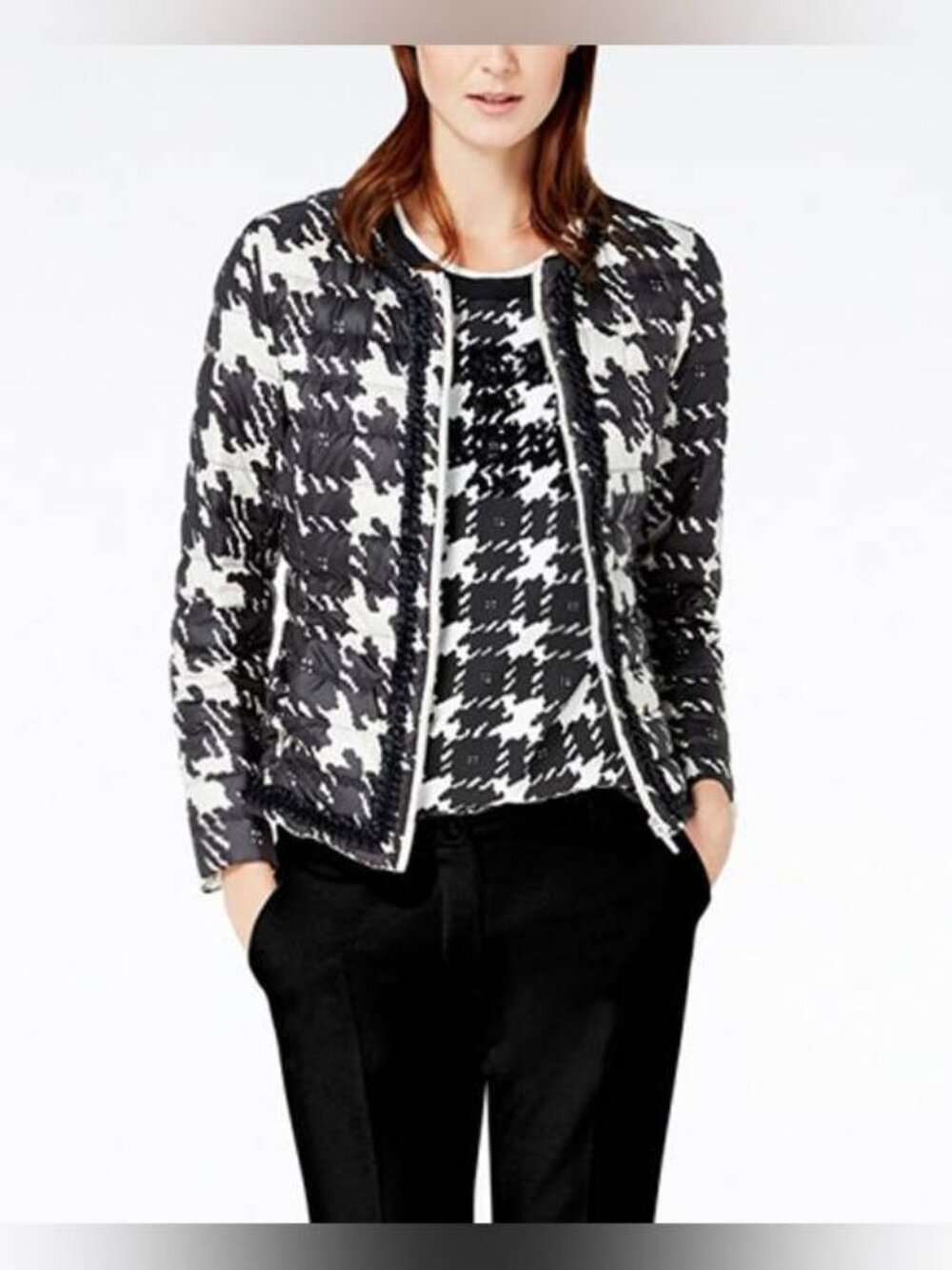 Weekend Max Mara Beige & Black Houndstooth Quilted Loop-Fringe Jacket